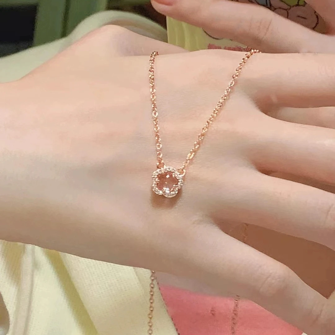 链子925银 S925纯银清新甜美少女感粉水晶樱花项链气质花朵锁骨链