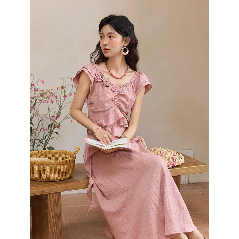 【诗语专属】谜秀立体花朵飞飞袖粉色连衣裙温柔裙子MXE34L2243