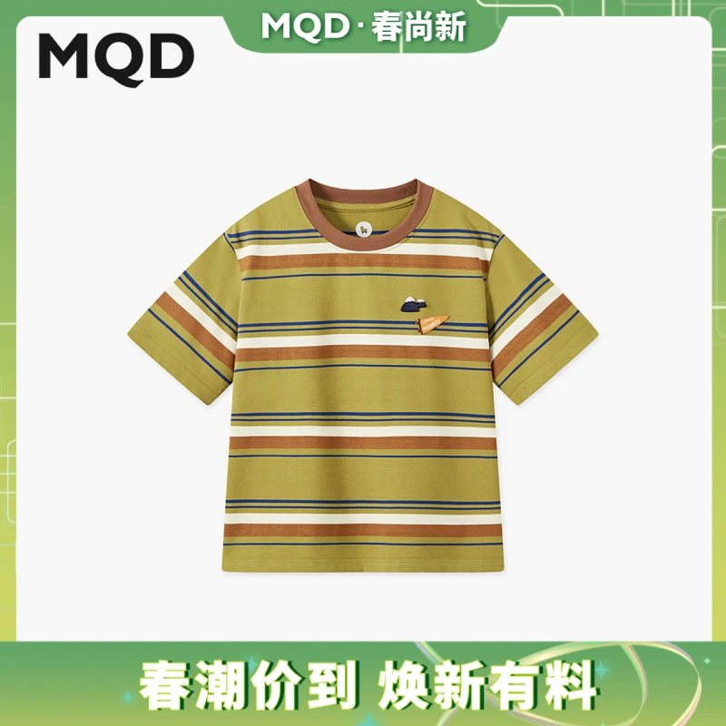 MQD童装25夏季新品学院风撞色条纹卡通上衣百搭短袖T恤9652W0312