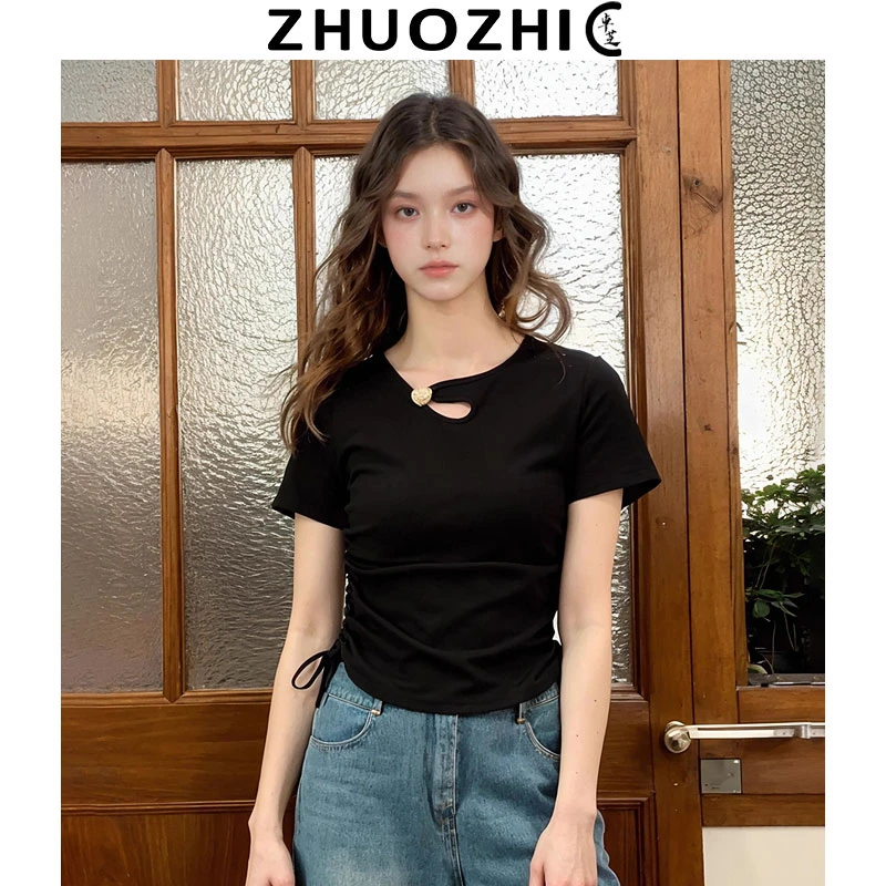 卓芝法式镂空设计抽褶圆领T恤2025夏季新款气质百搭收腰显瘦上衣