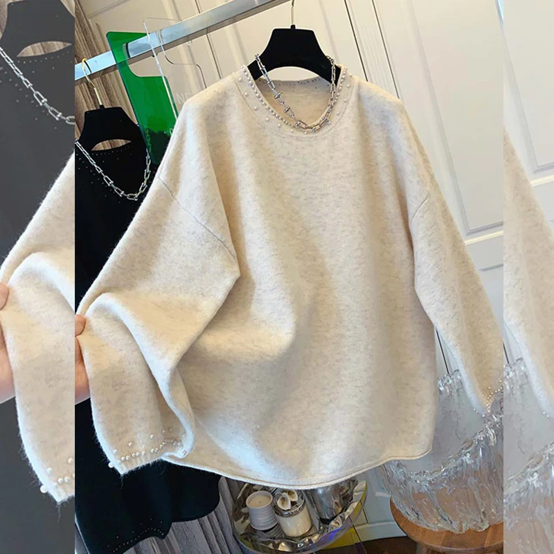 韩系春秋新款设计感珍珠圆领套头针织衫上衣女大码宽松百搭毛衣潮