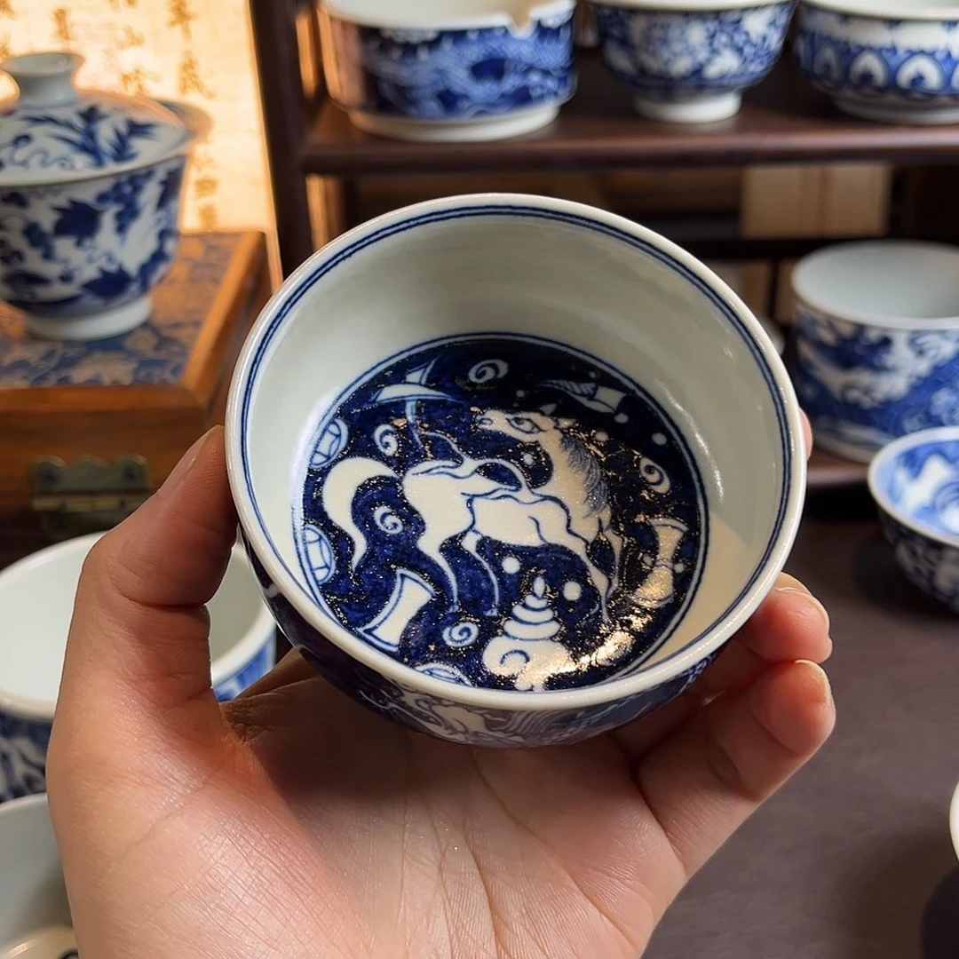朝岚夕霞元青花龙马精神炉式杯全手绘原矿釉烧制90ml