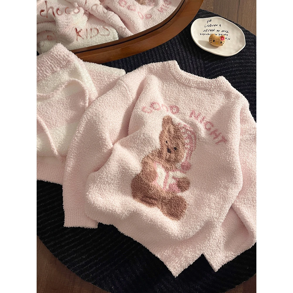 可爱卡通小熊半边绒睡衣女秋冬新款大码加厚保暖家居服套装可外穿