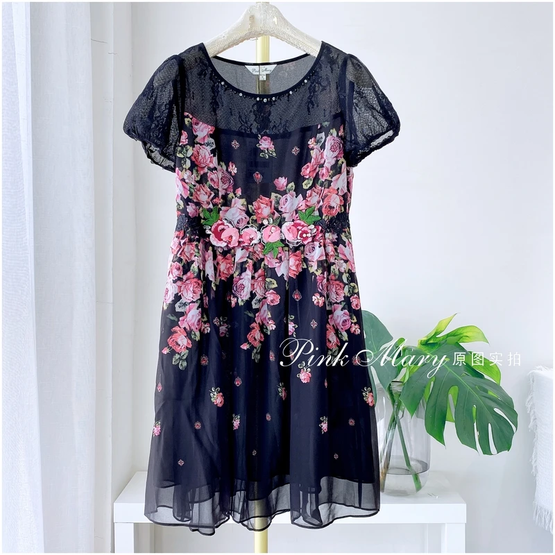 pink mary粉红玛琍黑色圆领短袖连衣裙子女经典百搭PMAFS512888