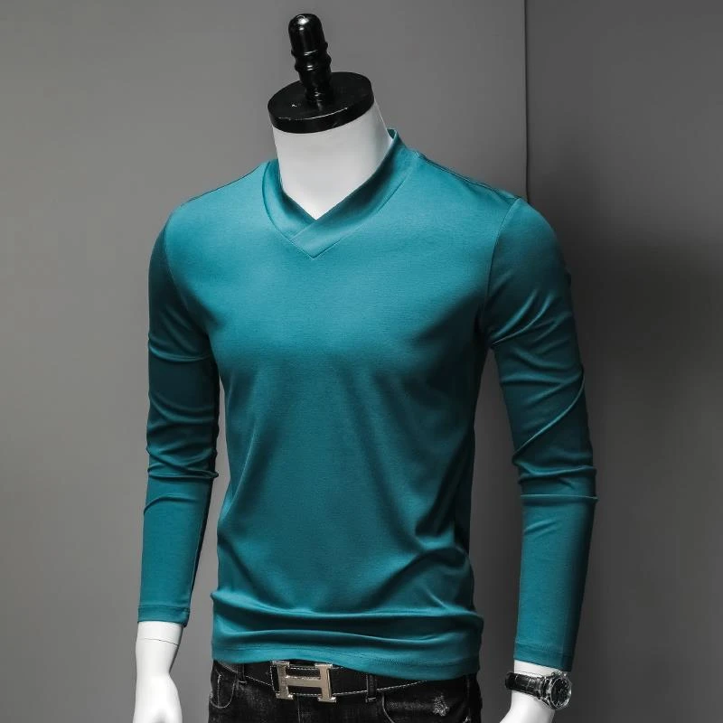 男士时尚交叉V领长袖T恤中青年纯色修身上衣纯棉百搭圆领打底衫潮