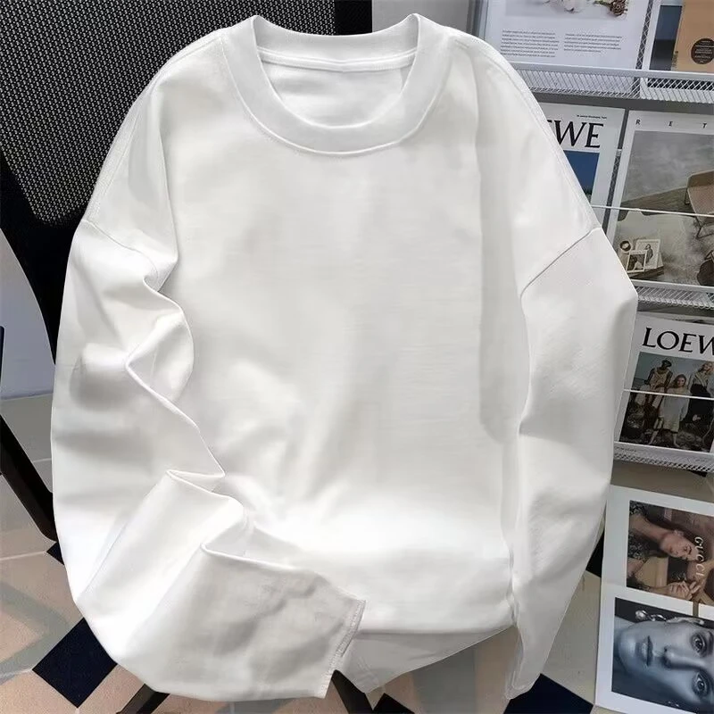 重磅纯棉纯白色长袖T恤男女同款潮牌百搭圆领春秋款内搭打底上衣