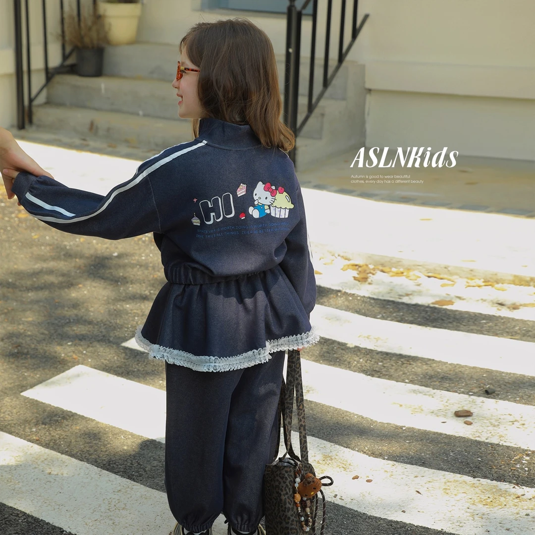 ASLN韩系复古丹宁色芭蕾风裙帘运动套装女童秋装2025新款