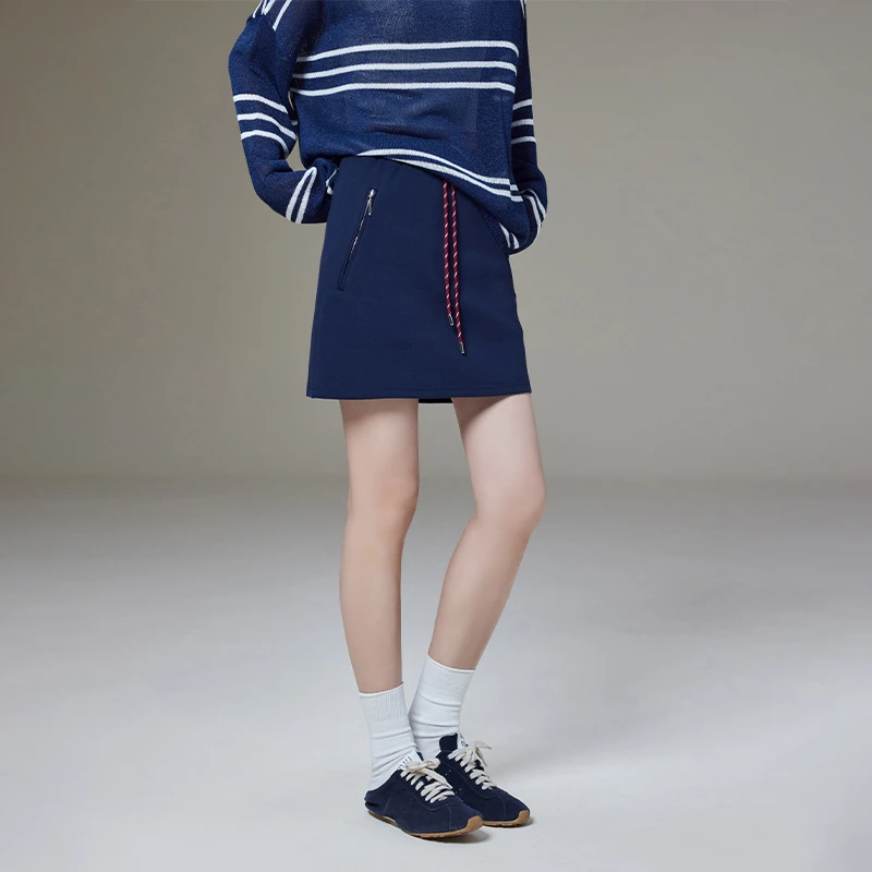 美洋MEIYANG 蓝莓酱半裙 俏皮减龄松紧腰撞色圆绳A字半身短裙S