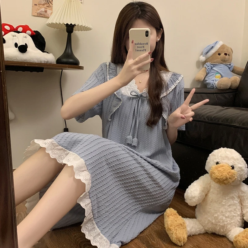 短袖睡裙女士夏季薄款棉质公主风花边大码宽松孕妇睡衣家居服夏天