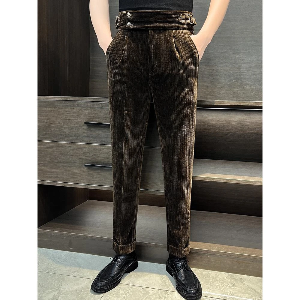 高腰直筒灯芯绒休闲西裤复古宽松男士秋冬休闲长裤潮流加厚哈伦裤