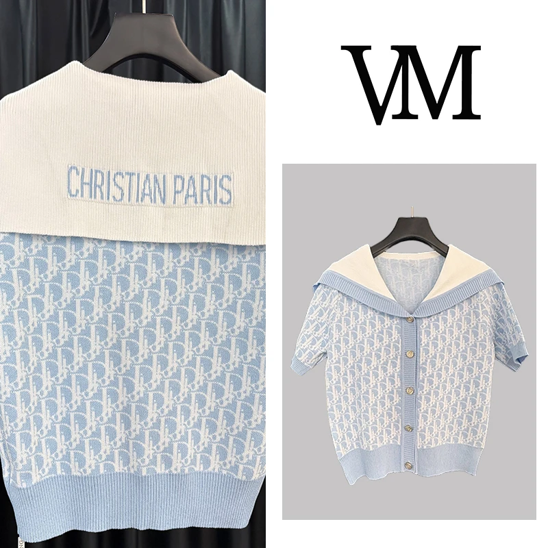 小香风短袖冰丝针织衫女夏季新款气质设计高级感海军领上衣dx7810