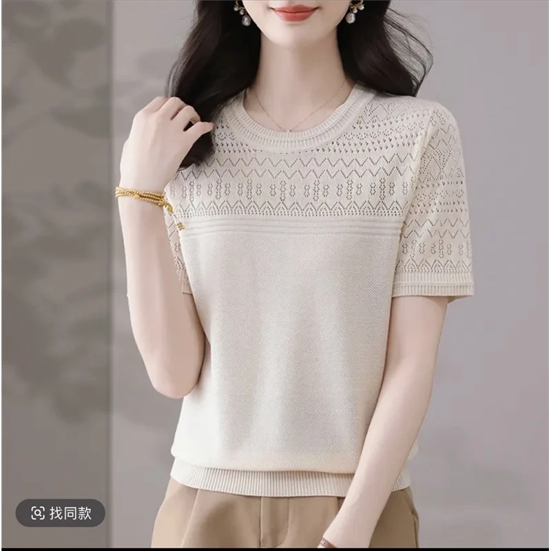 莱赛尔天丝镂空圆领短袖时尚休闲女打底衫洋气显瘦百搭薄款气质