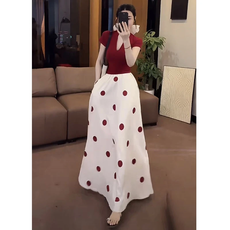 时尚套装女2025夏季新款韩版气质减龄v领上衣波点高腰半裙两件套