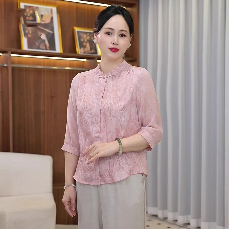妈妈装新款春夏七分袖小衫套装中老年女玫瑰印花上衣薄两件套