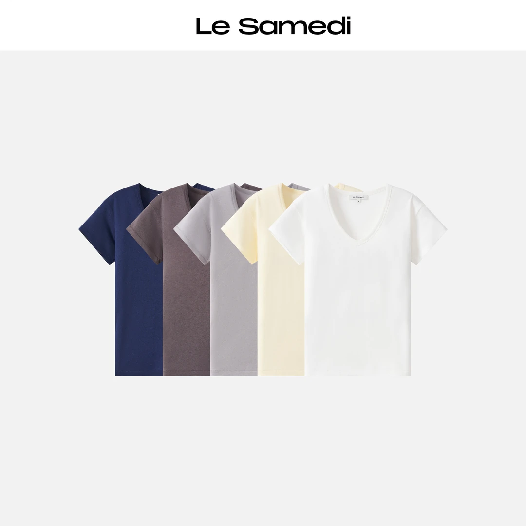 Le Samedi【精致小V】时髦V领 cleanfit底蕴 轻薄垂滑丝毛修身t恤