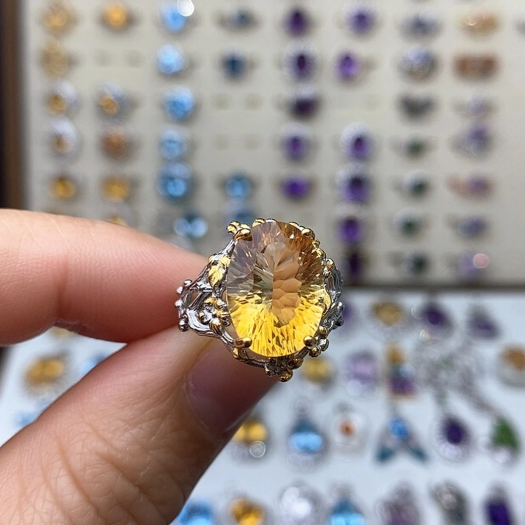 黄晶戒指银S925镶嵌一物一证