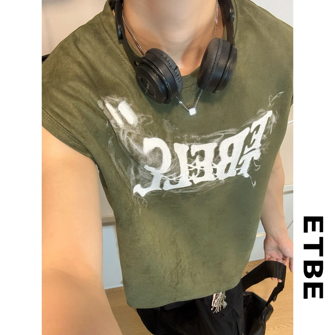 透气印花直下摆夏季背心宽松型一粒扣设计感宽松复古背心