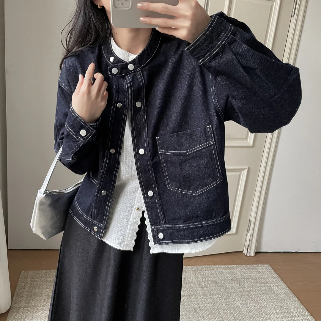 「防掉色 复古明线」牛仔外套女 秋季韩版休闲百搭圆领设计感S050