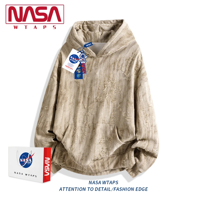 NASA WTAPS潮连帽破洞卫衣男女同款百搭上衣春秋季废土风时尚外套