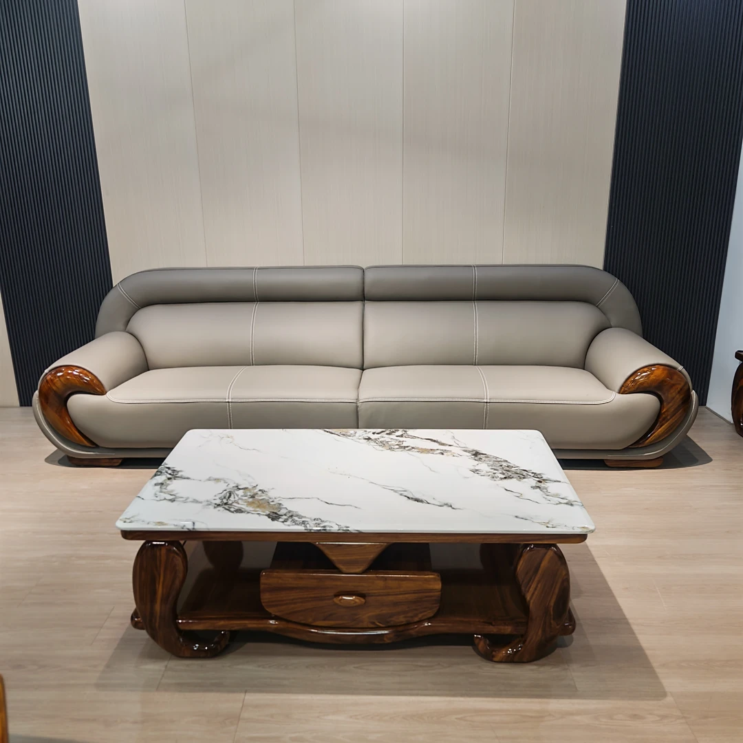 新中式乌金木头层牛皮意式轻奢简约奢华家具实木真皮直排客厅沙发