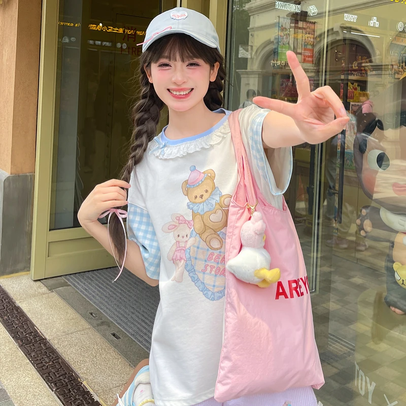 森女部落甜美套装格纹拼接宽松圆领原创印花上衣短袖t恤+半身裙女