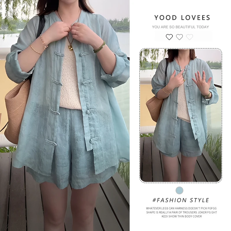新中式国风蓝色盘扣套装女2025新款夏季小个子防晒衬衫短裤两件套