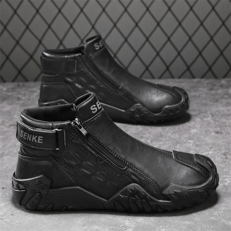 森刻男鞋秋季新款皮面平底舒适一脚蹬拉链休闲鞋男士百搭防水鞋男