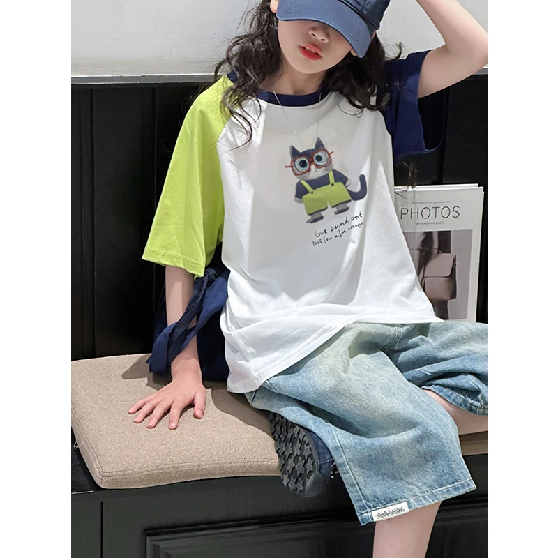 K28648潮流女童短袖T恤儿童宽松上衣夏装新款2025大童休闲衣服潮t