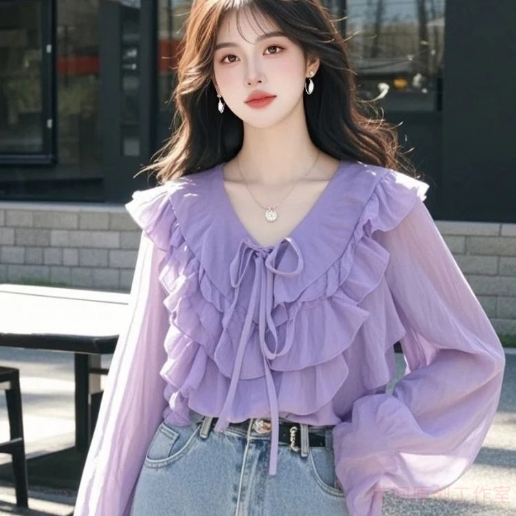 2025春季新款小衫超好看独特漂亮洋气设计感紫色荷叶边V领衬衫女