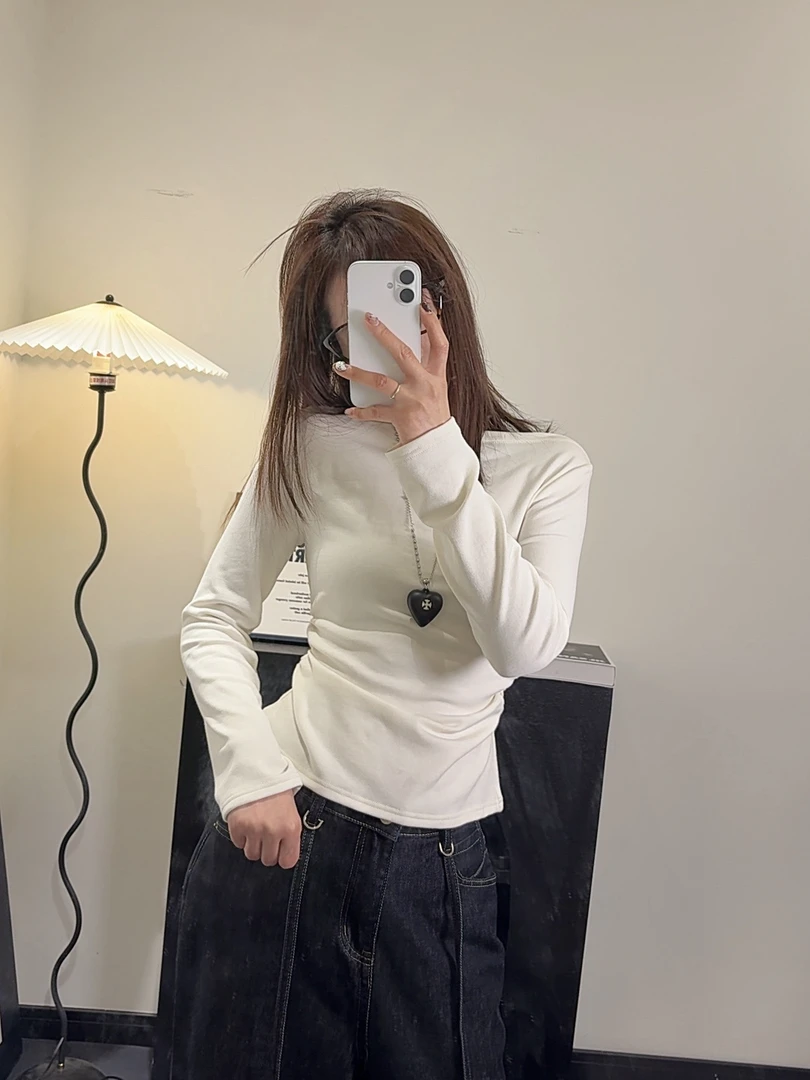【zz】高端秋冬内搭一字肩女白色长袖T恤百搭纯色打底韩版上衣