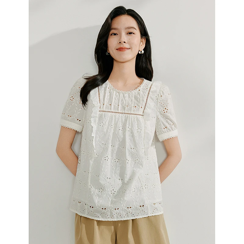【欧若风新品】茵曼夏季甜美重工镂空绣花木耳边衬衣短袖纯棉上衣女