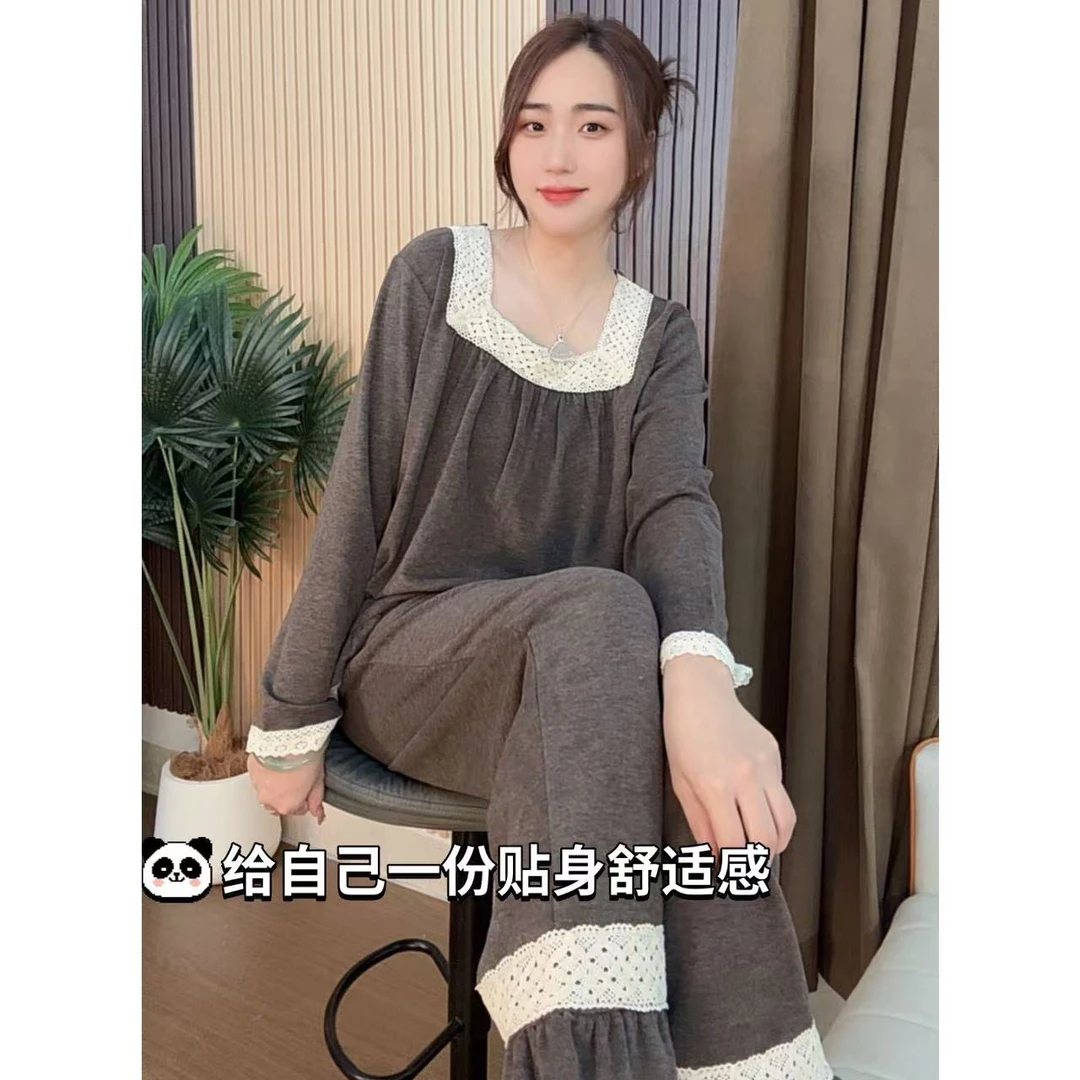 睡衣女冬季新款羊绒长袖长裤韩版可外穿家居服套装（方领花边）