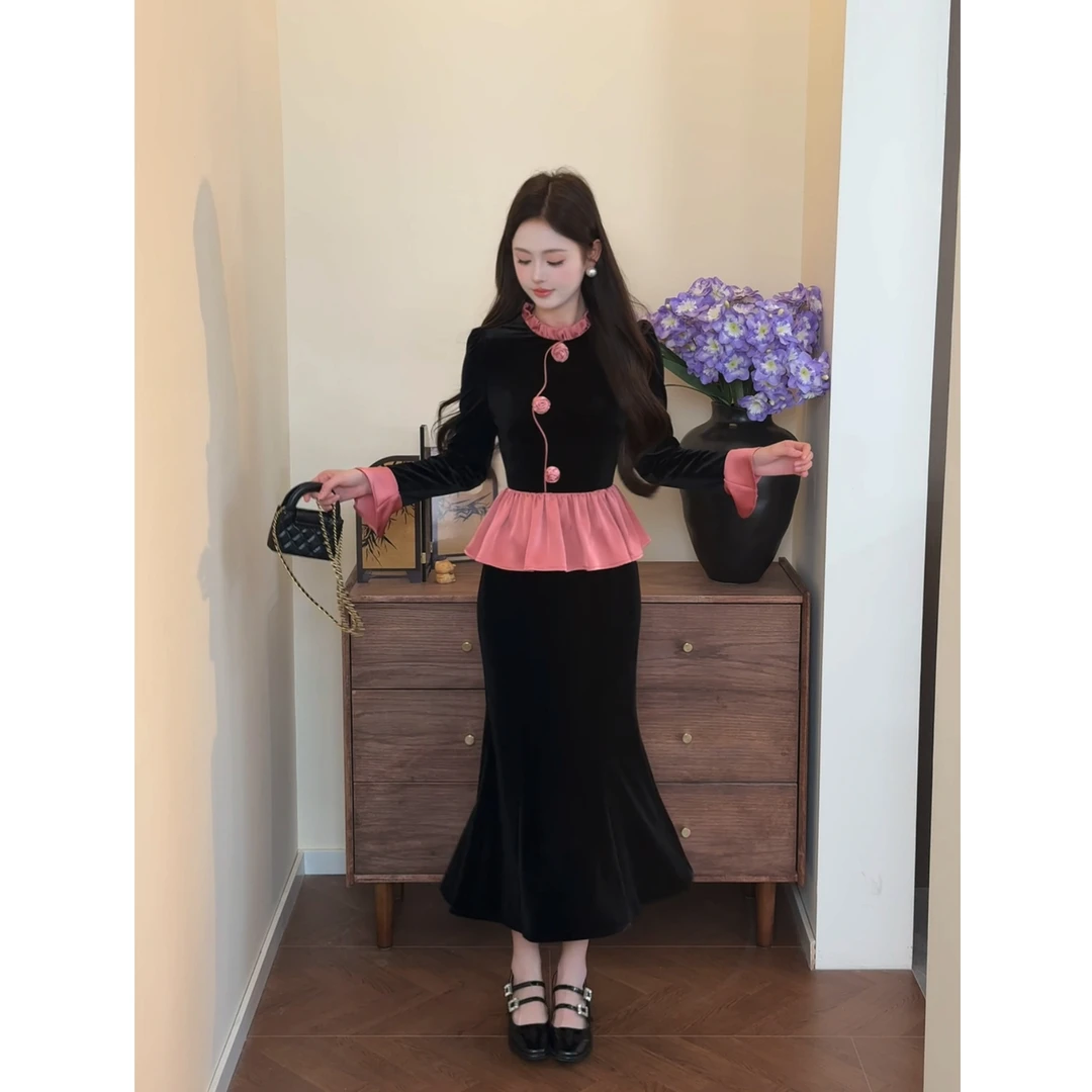 【粉雾香氛】七七很芒复古撞色假两件丝绒连衣裙温柔时尚XMZH10052