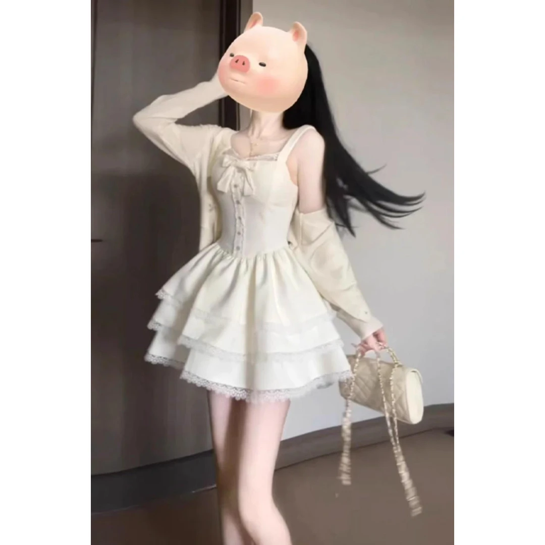 早春穿搭小个子纯欲风高级感开衫外套蓬蓬蛋糕连衣裙子两件套装女