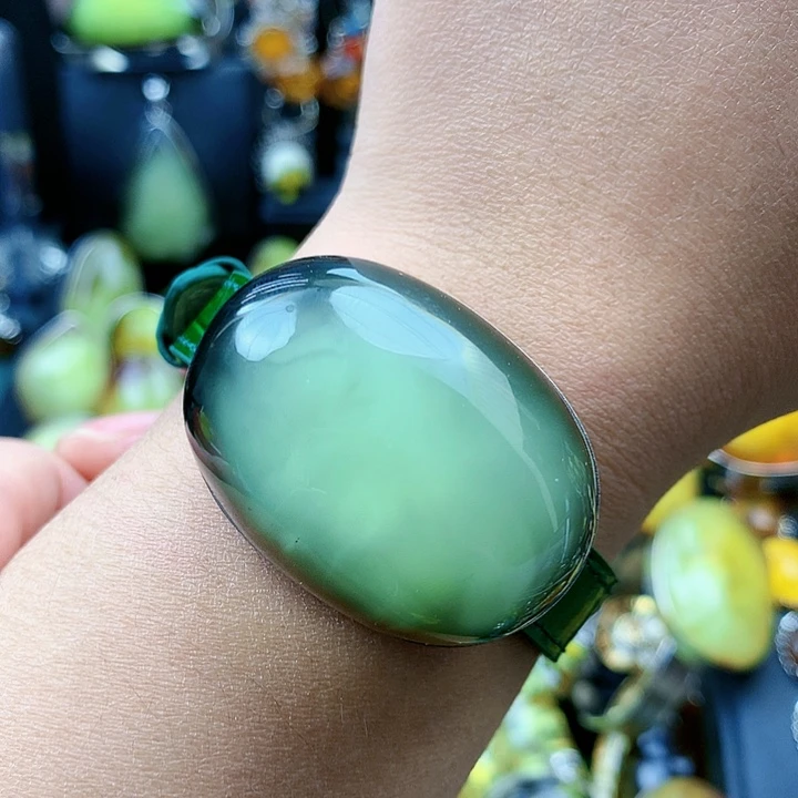 琥珀裸石银S925镶嵌手镯