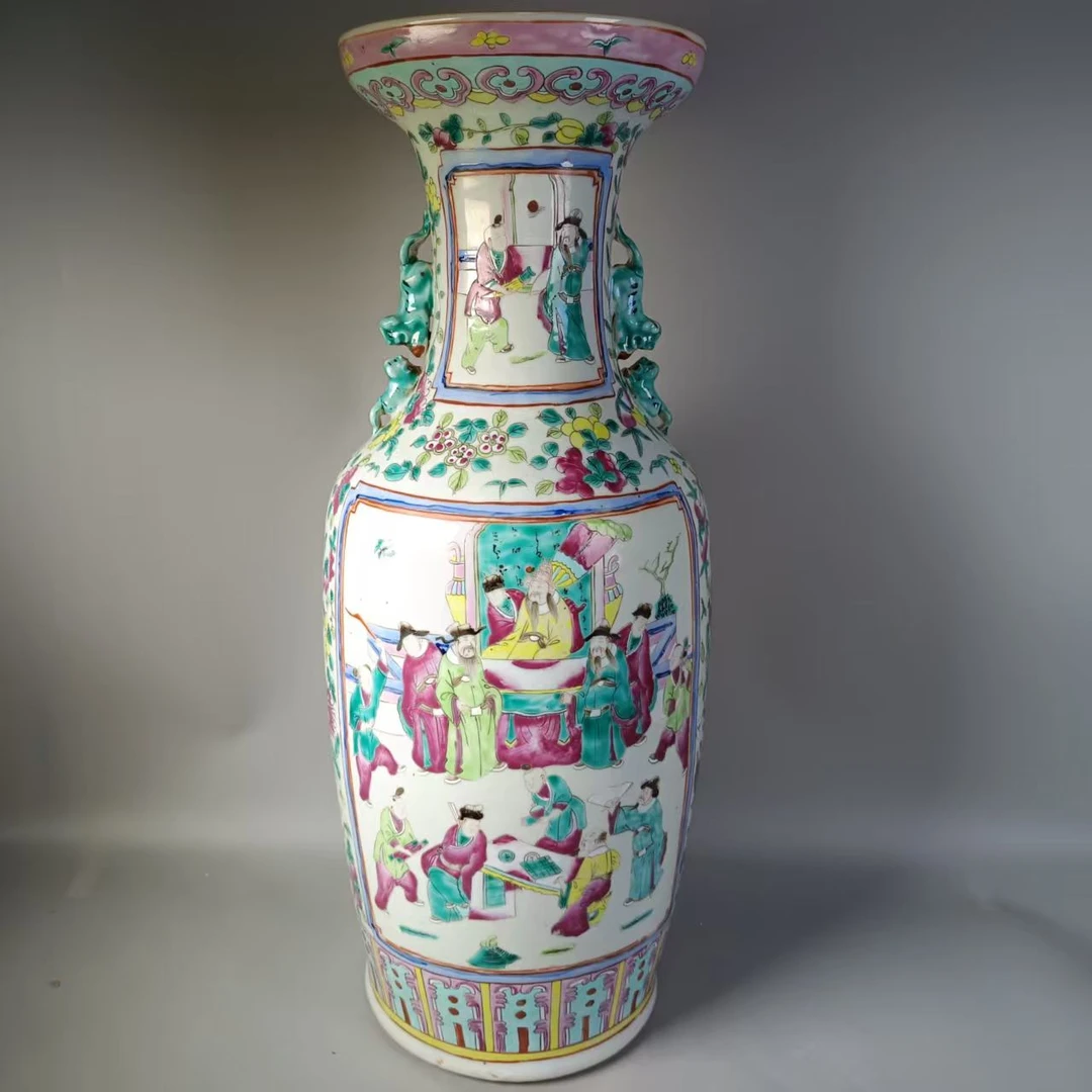 SCS17209晚清粉彩花鸟人物狮耳瓶/四川省文物总店