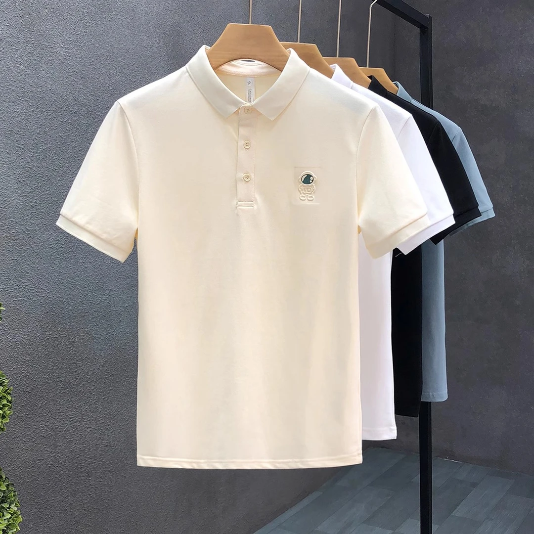 流行杏色太空熊POLO衫男士短袖刺绣翻领T恤2025夏季新款高端半袖