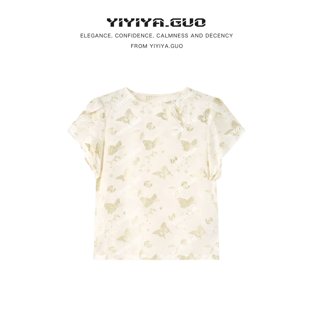 yiyiya.Guo艺艺吖/白色拼接金线蝴蝶花苞袖上衣2024900