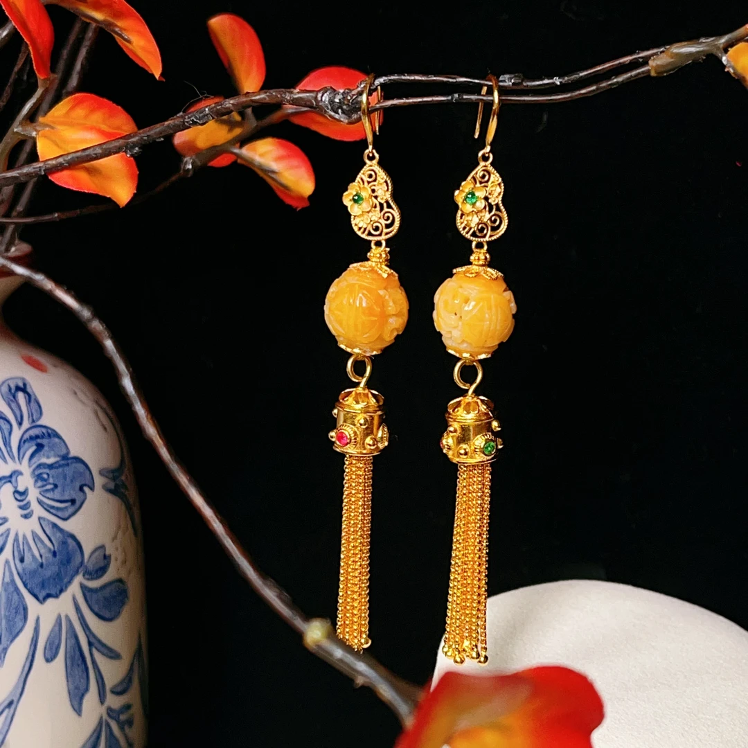 天然缅甸翡翠黄翡镂空耳坠