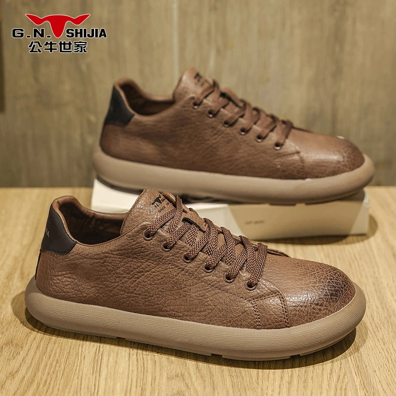 公牛世家男鞋2025新款秋季棕色休闲皮鞋男轻便平底运动复古阿甘鞋