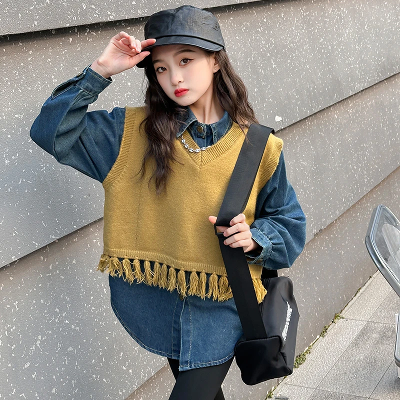 女童春秋套装2025新款大童毛衣衬衫春季两件套儿童初中生洋气套装