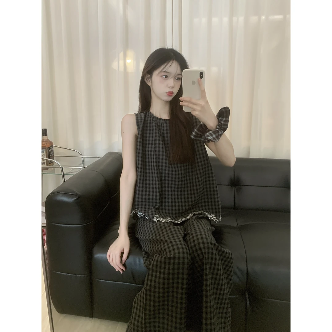 夏季慵懒风宽松格纹家居服套装洋气设计感花边复古拼接背心睡衣女