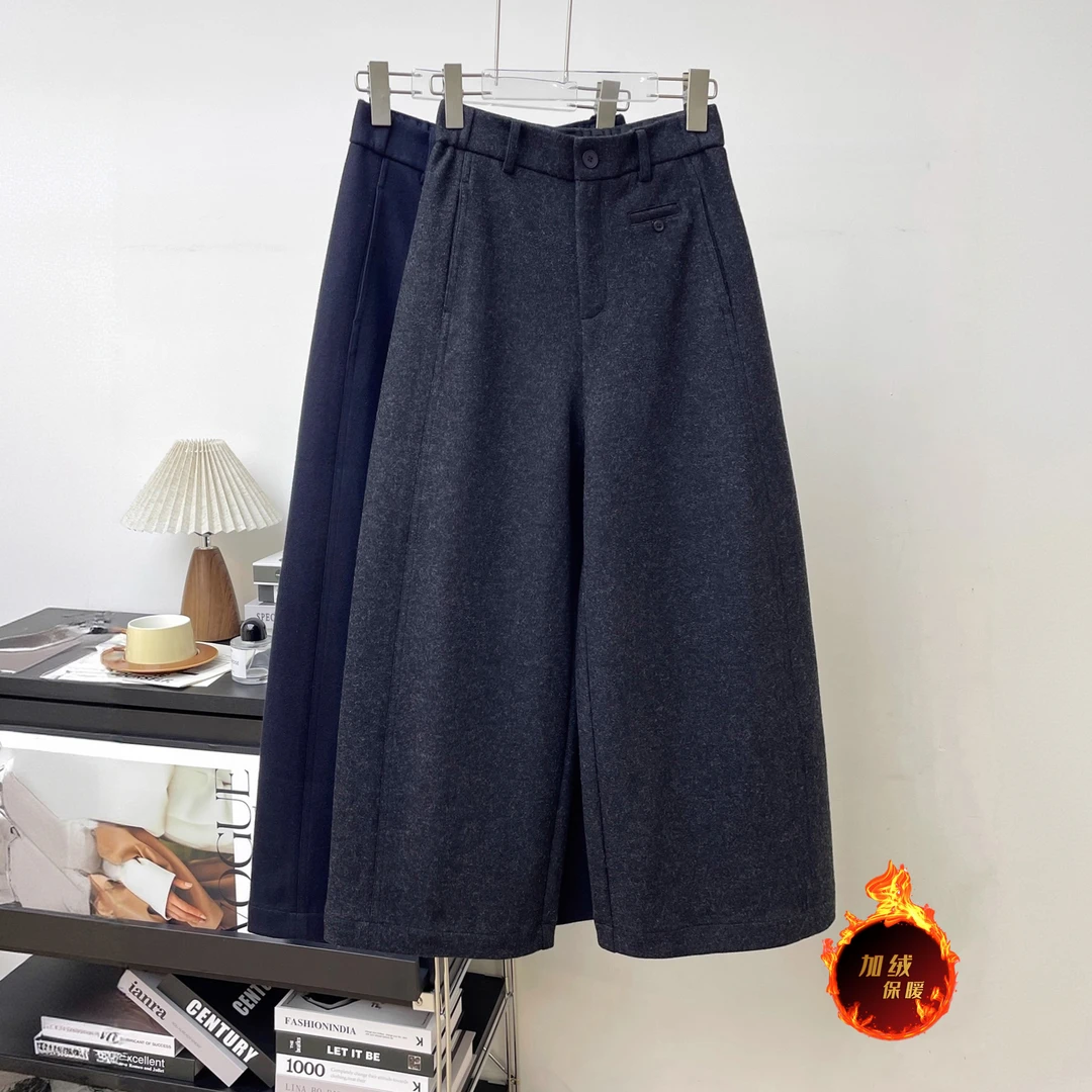 加绒加厚毛呢休闲裤女2025年新款小个子裤子松紧腰八分阔腿直筒裤