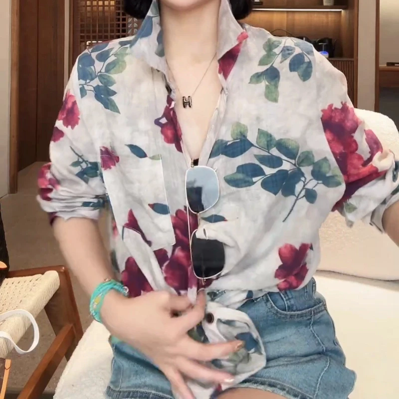 2025春夏季设计感百搭显瘦气质长袖花色衬衫女装法式爆款开衫衬衣