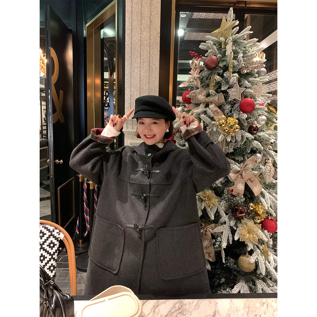 雾都圣诞来信 双面双色格纹牛角扣大衣 中长款连帽双面呢 411SM3