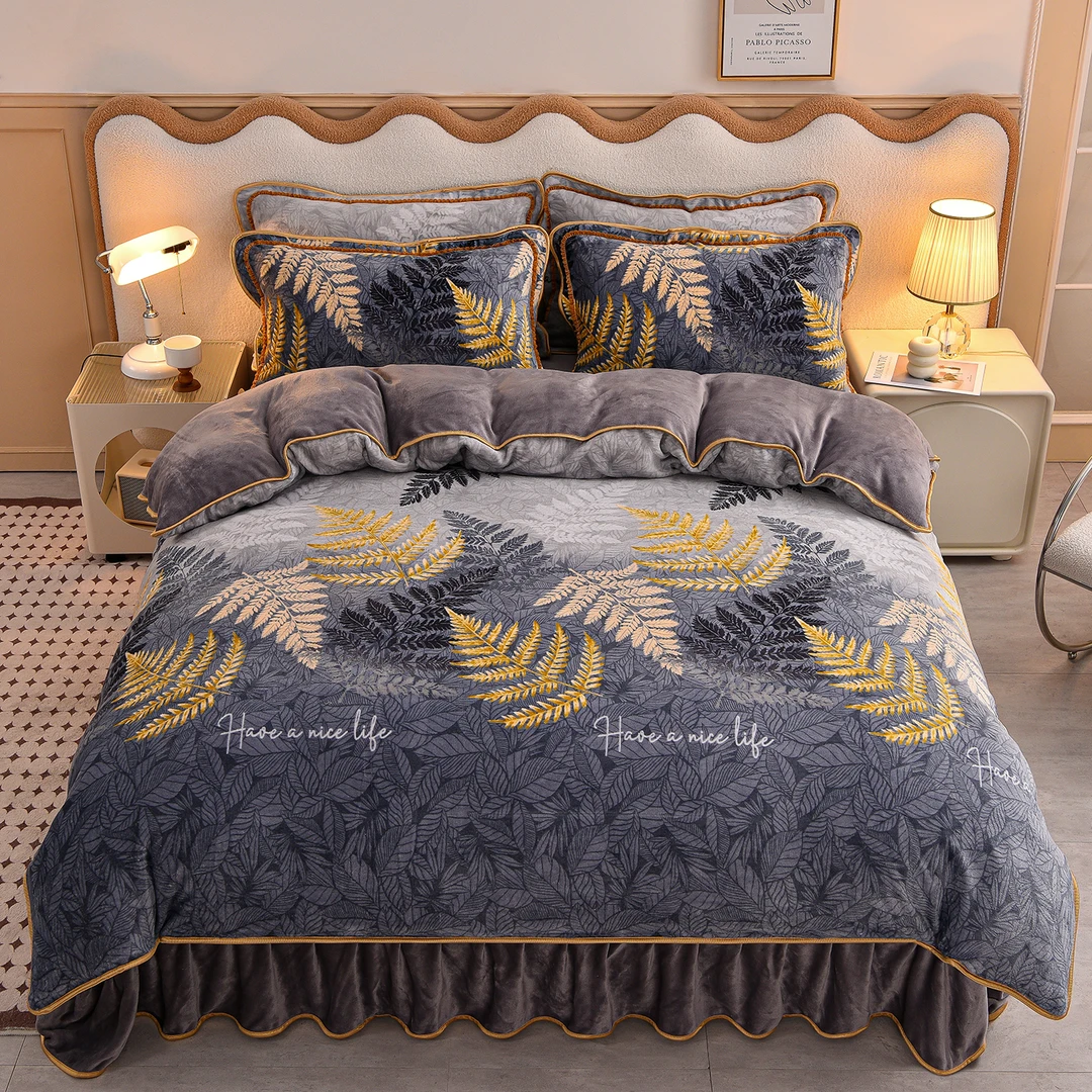 冬季加厚保暖牛奶绒四件套公主风双面绒防滑防静电床裙款床品套件