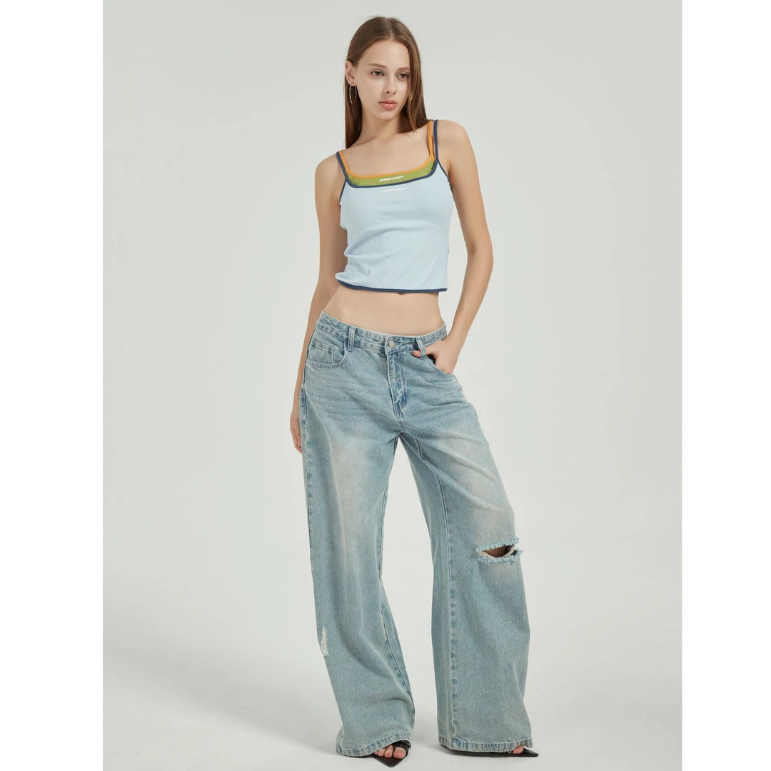 JOHNNYWU低腰破洞磨毛宽松直筒显瘦阔腿牛仔裤女