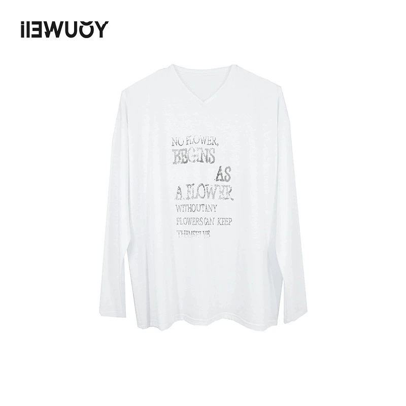 iIEWUOY有尾长袖T恤 印花女小V领设计师youwei2024新款春Y1224111