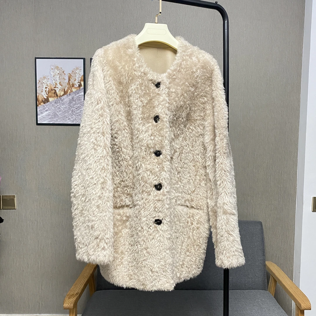 拉贡品质乐芙莱皮毛一体无领长袖中长款真毛真皮毛毛外套