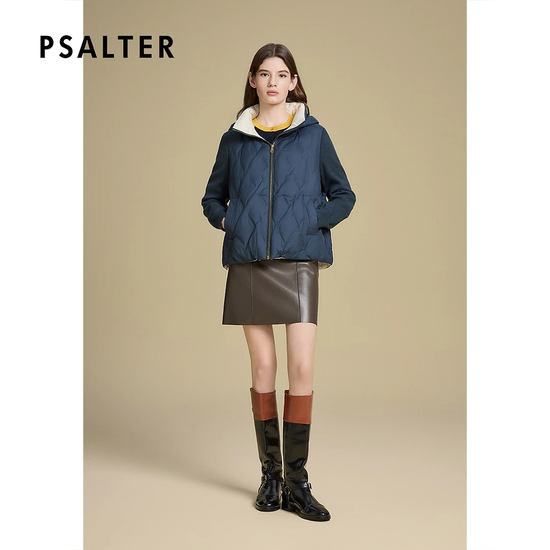 【新国标90鹅绒】诗篇格纹拼接式连帽针织袖假两件鹅绒服2025冬